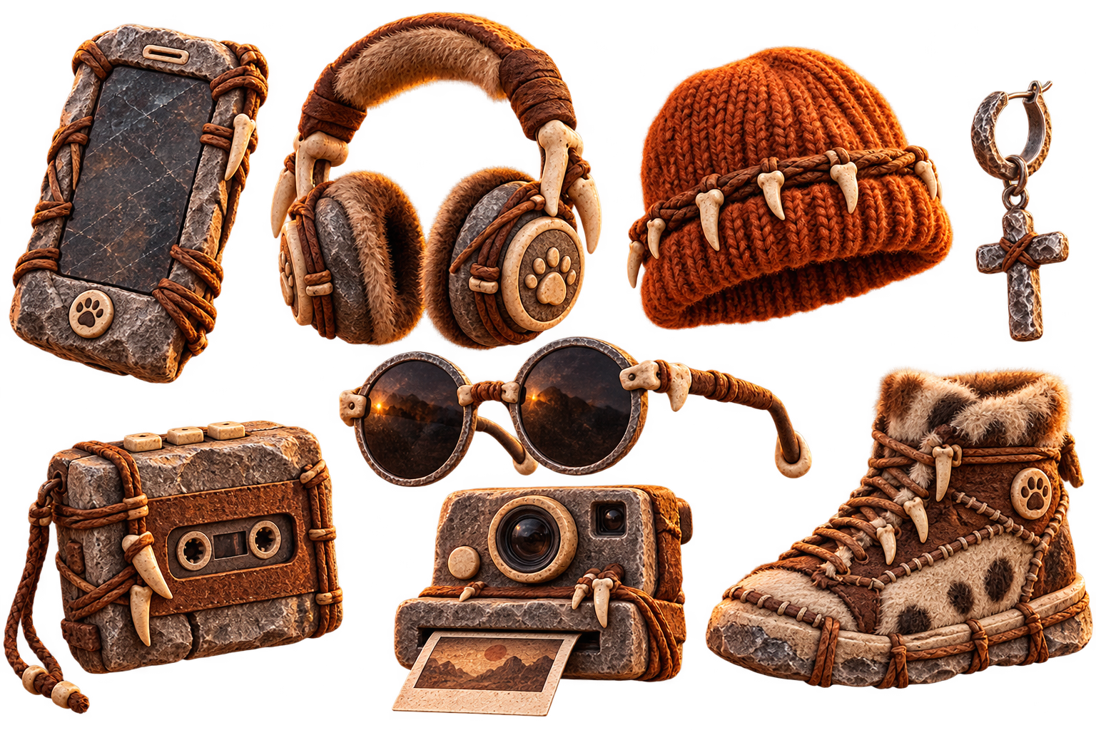 Prehistoric versions of a smartphone, headphones, beanie, cross earring, sunglasses, cassette player, camera and sneaker