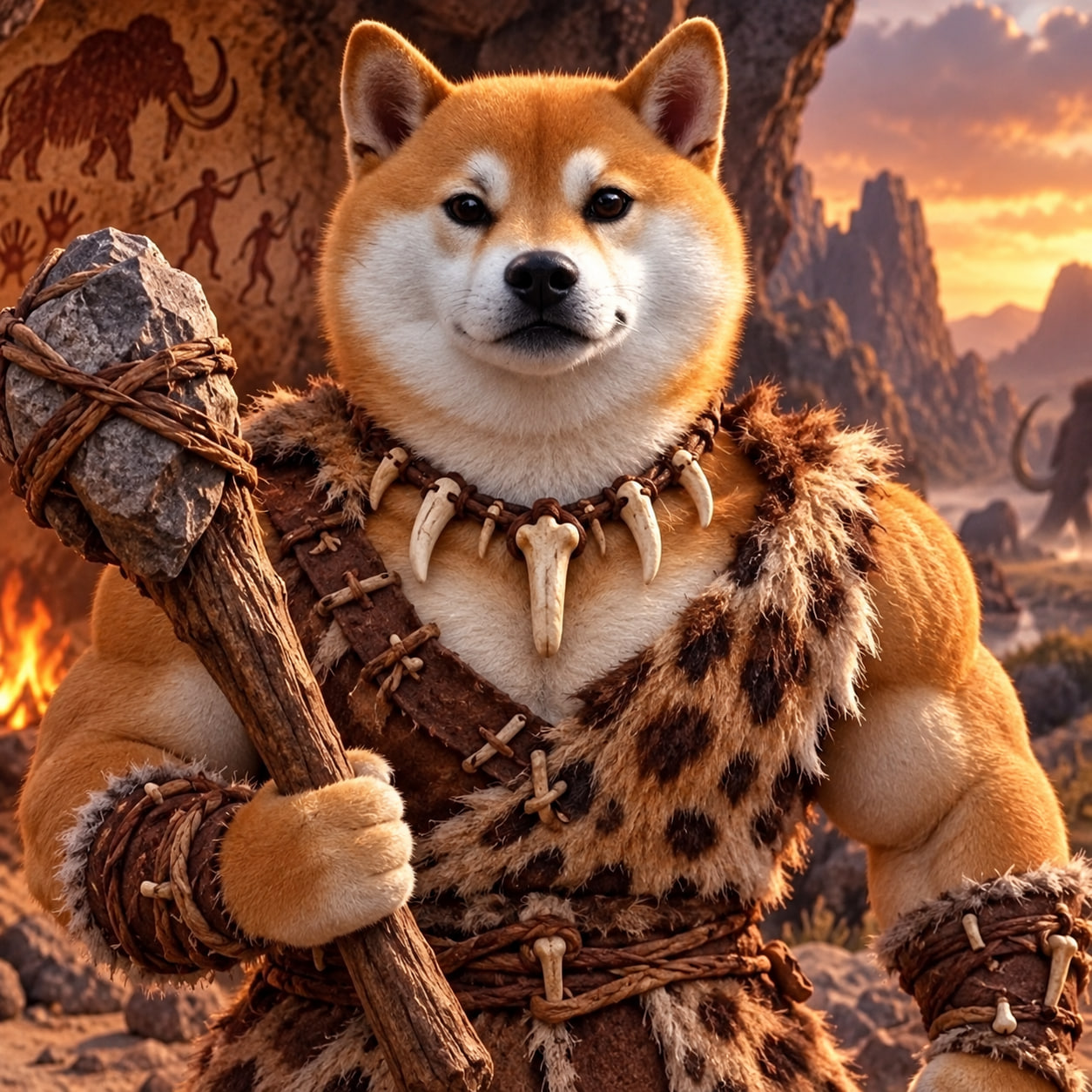 The First Super Inu holding his stone club in an ancient valley